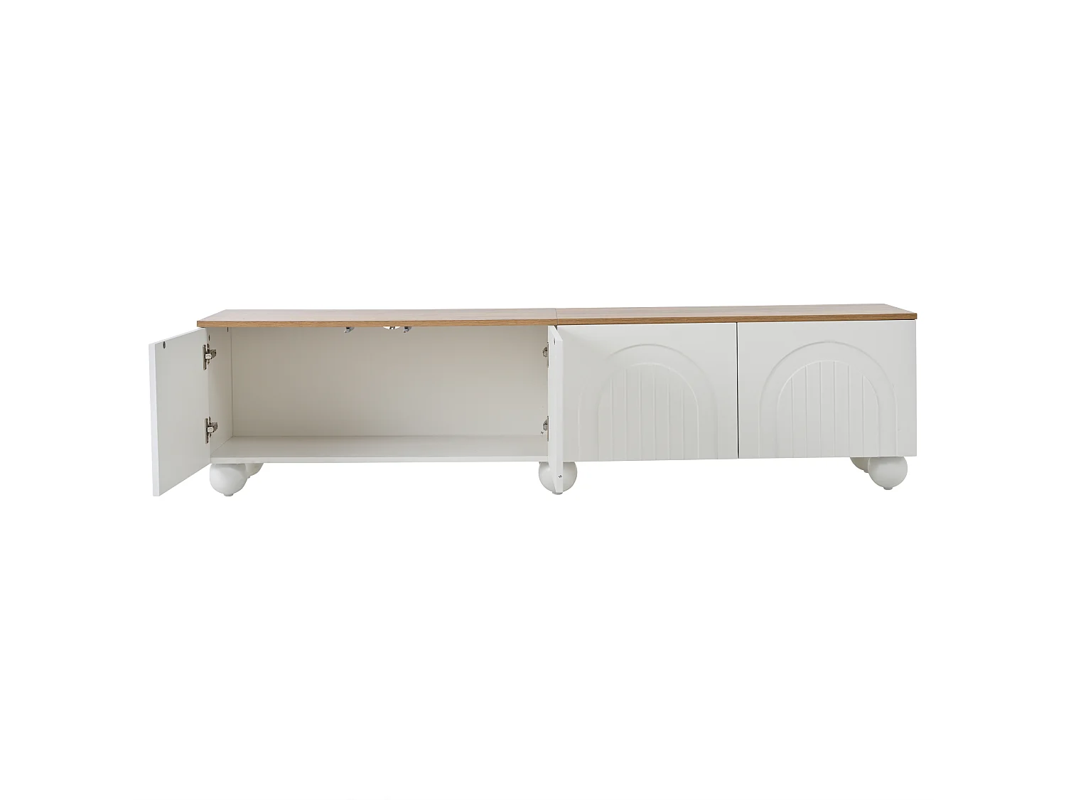 TV-Ständer 180 x 40 x 45 cm mit 4 Türen, 6 Metallkugelfüßen, aus MDF, weiß-eichenfarben lackiert