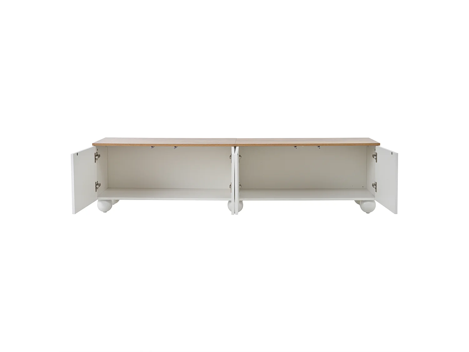 TV-Ständer 180 x 40 x 45 cm mit 4 Türen, 6 Metallkugelfüßen, aus MDF, weiß-eichenfarben lackiert