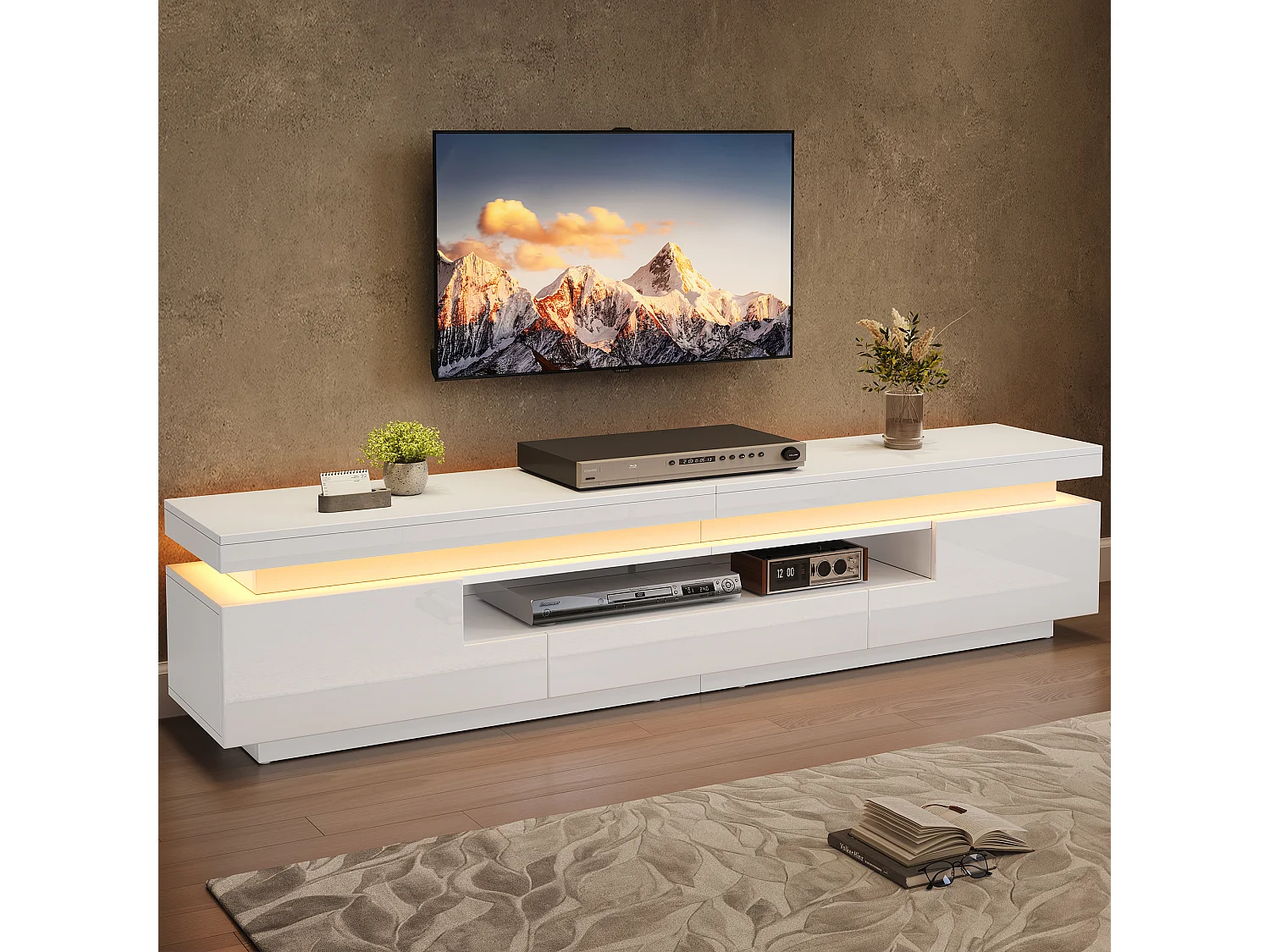 TV-Ständer 175 x 38 x 45 cm mit LED-Beleuchtung, 2 Türen, 1 Schublade und halboffenem Stauraum, weiß