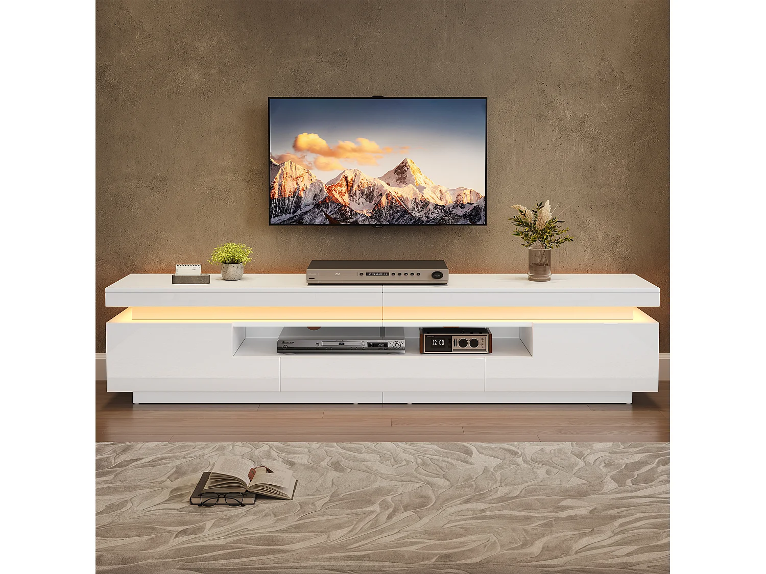 TV-Ständer 175 x 38 x 45 cm mit LED-Beleuchtung, 2 Türen, 1 Schublade und halboffenem Stauraum, weiß
