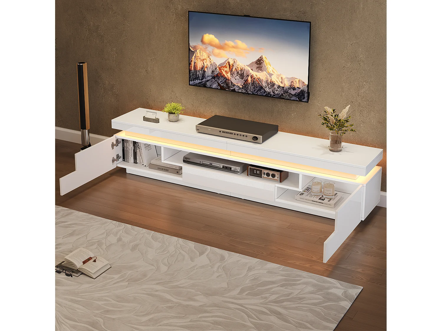 TV-Ständer 175 x 38 x 45 cm mit LED-Beleuchtung, 2 Türen, 1 Schublade und halboffenem Stauraum, weiß