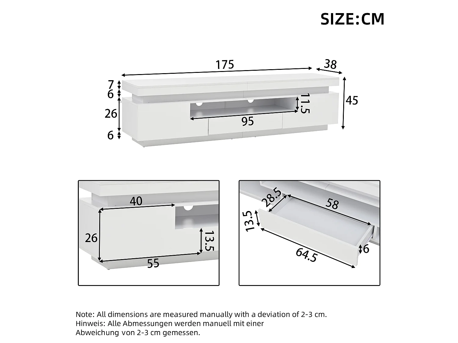 TV-Ständer 175 x 38 x 45 cm mit LED-Beleuchtung, 2 Türen, 1 Schublade und halboffenem Stauraum, weiß