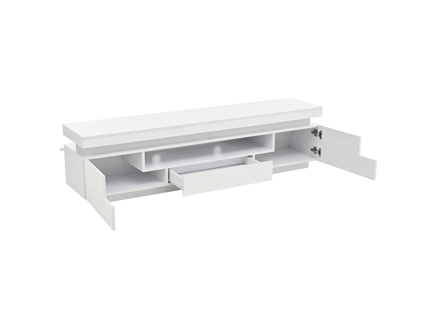 TV-Ständer 175 x 38 x 45 cm mit LED-Beleuchtung, 2 Türen, 1 Schublade und halboffenem Stauraum, weiß
