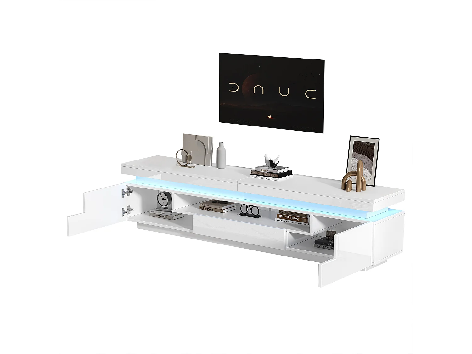 TV-Ständer 175 x 38 x 45 cm mit LED-Beleuchtung, 2 Türen, 1 Schublade und halboffenem Stauraum, weiß