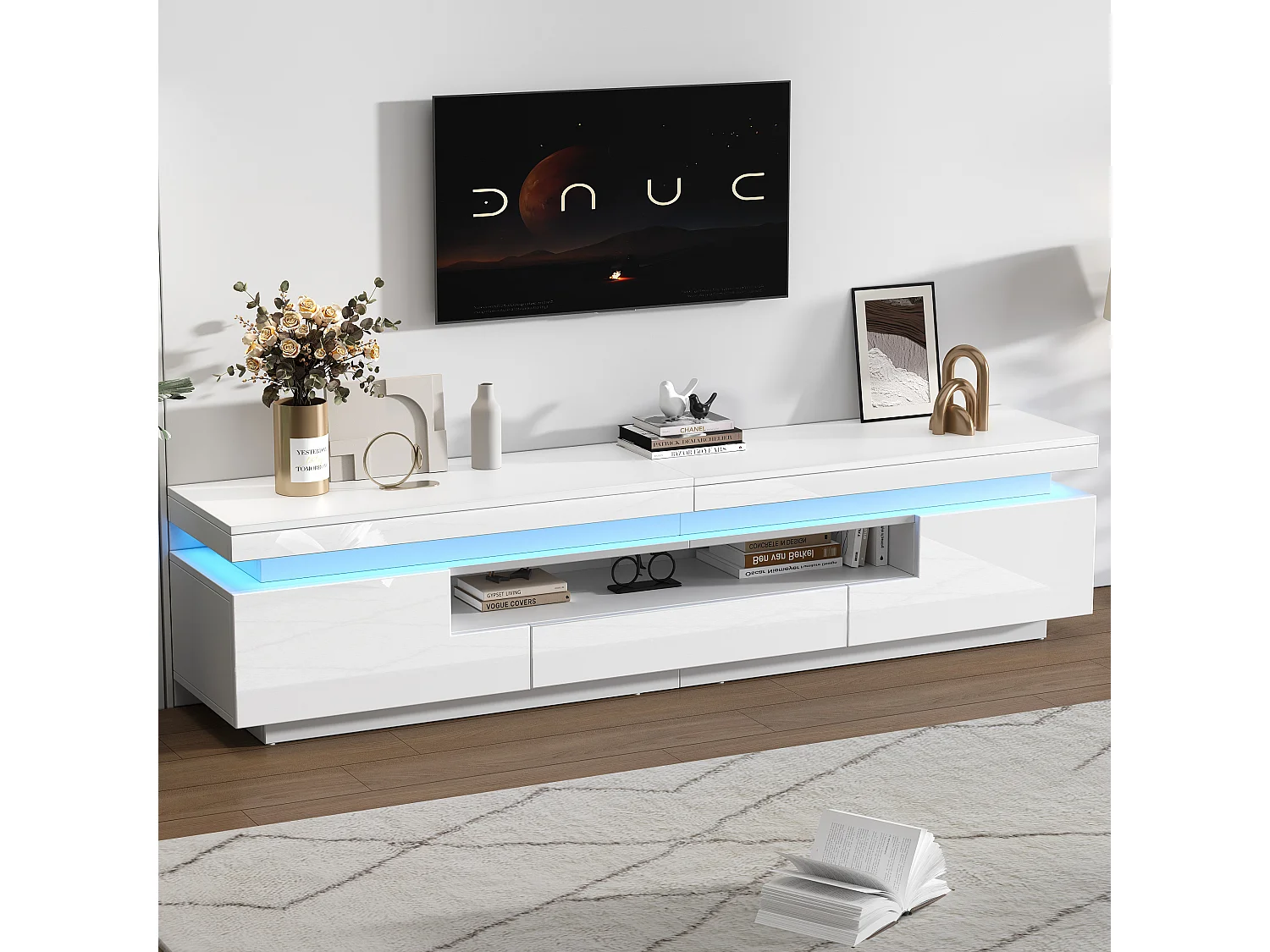 TV-Ständer 175 x 38 x 45 cm mit LED-Beleuchtung, 2 Türen, 1 Schublade und halboffenem Stauraum, weiß