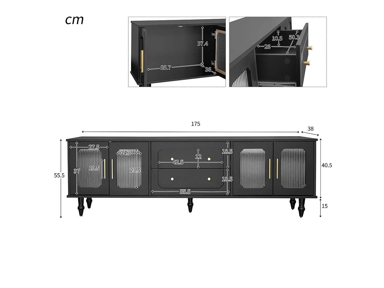 TV-Ständer schwarz 175 x 38 x 55,5 cm mit 4 geriffelten Glastüren, 2 Schubladen und Metallbeinen