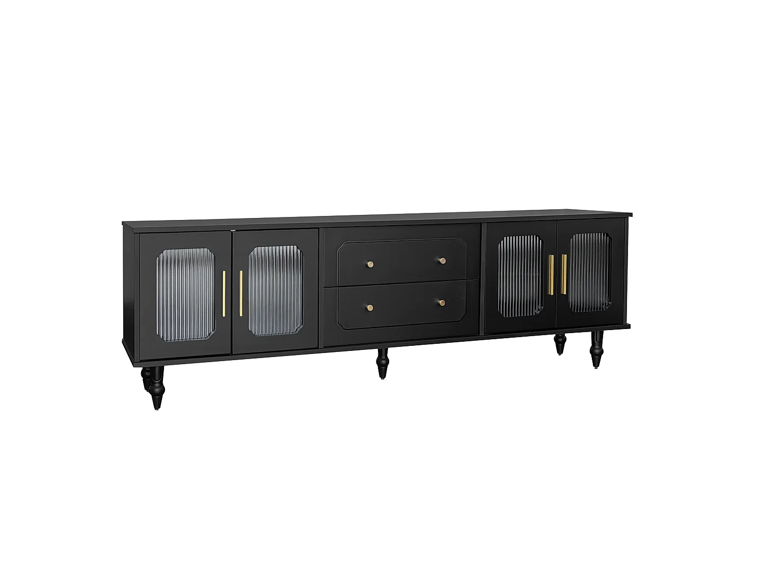 TV-Ständer schwarz 175 x 38 x 55,5 cm mit 4 geriffelten Glastüren, 2 Schubladen und Metallbeinen