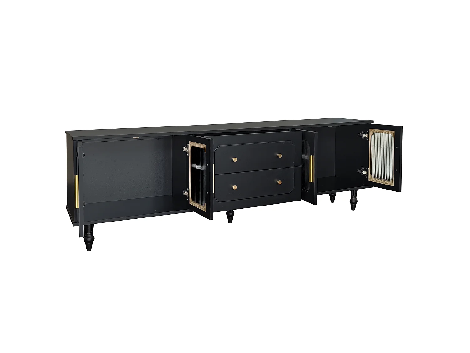 TV-Ständer schwarz 175 x 38 x 55,5 cm mit 4 geriffelten Glastüren, 2 Schubladen und Metallbeinen