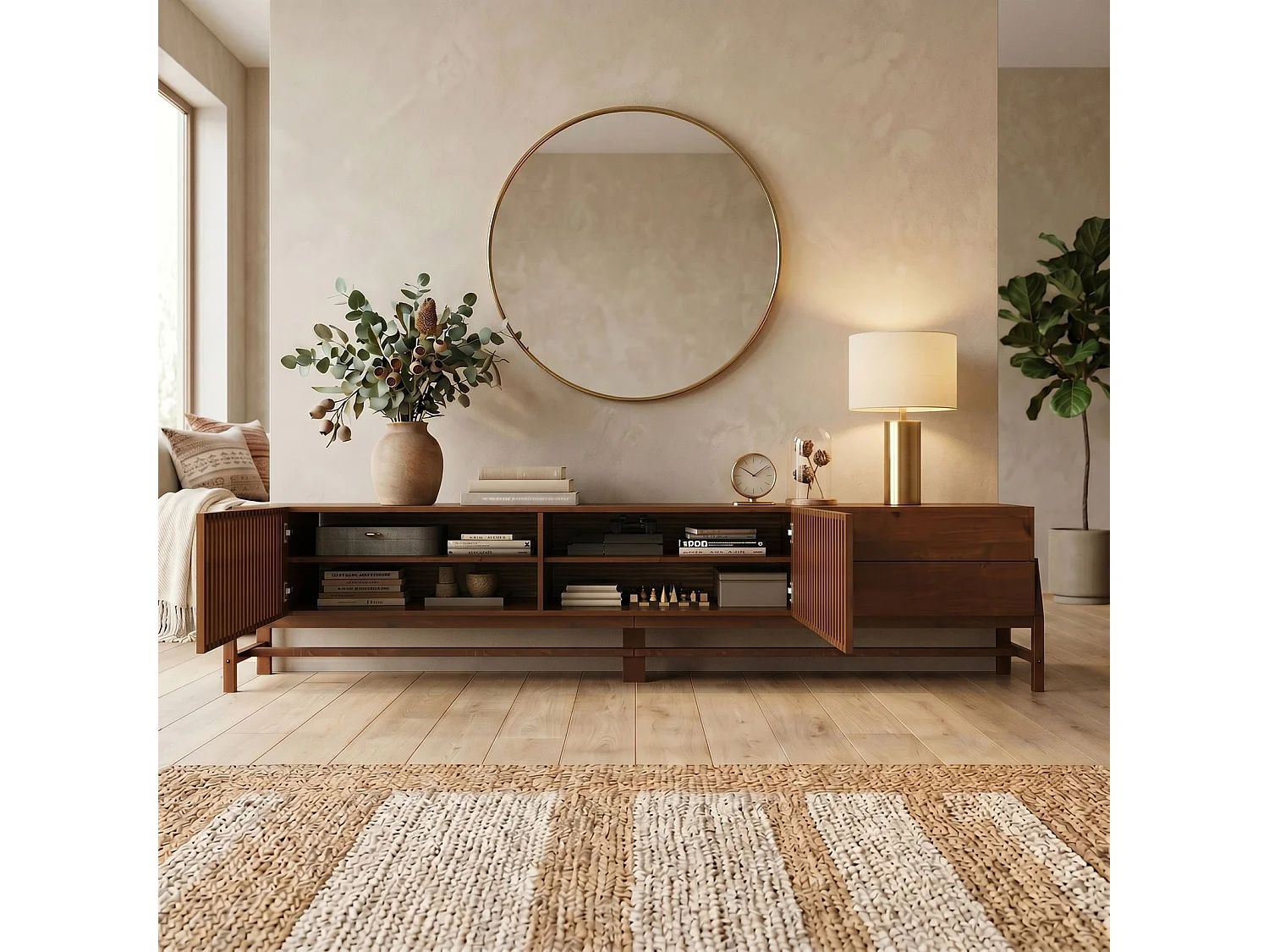 Meuble TV ADAMO L 220 cm en Bois Massif Coloris Châtaignier avec 2 Portes Coulissantes, 2 Tiroirs, Pour TV jusqu'à 249 cm (98")