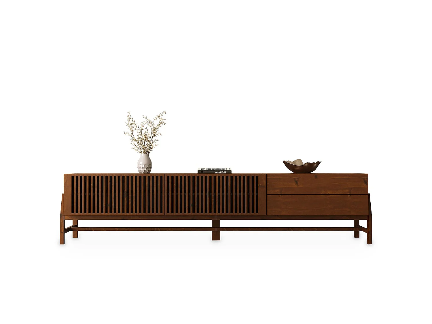 Meuble TV ADAMO L 220 cm en Bois Massif Coloris Châtaignier avec 2 Portes Coulissantes, 2 Tiroirs, Pour TV jusqu'à 249 cm (98")