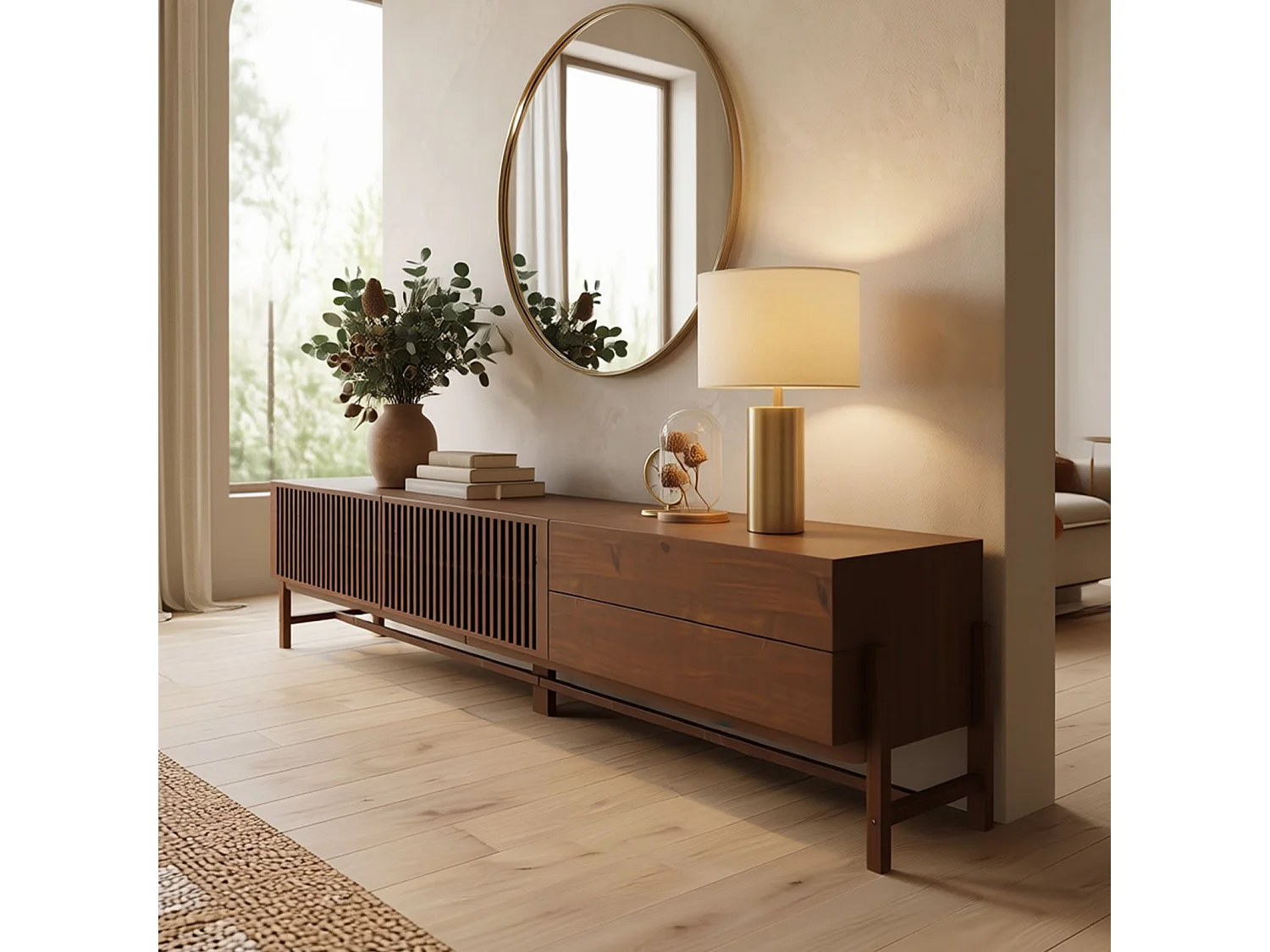 Meuble TV ADAMO L 220 cm en Bois Massif Coloris Châtaignier avec 2 Portes Coulissantes, 2 Tiroirs, Pour TV jusqu'à 249 cm (98")