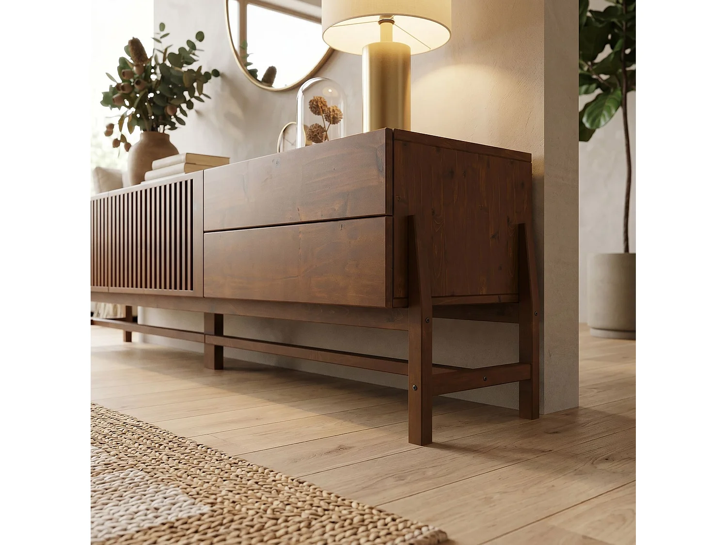 Meuble TV ADAMO L 220 cm en Bois Massif Coloris Châtaignier avec 2 Portes Coulissantes, 2 Tiroirs, Pour TV jusqu'à 249 cm (98")