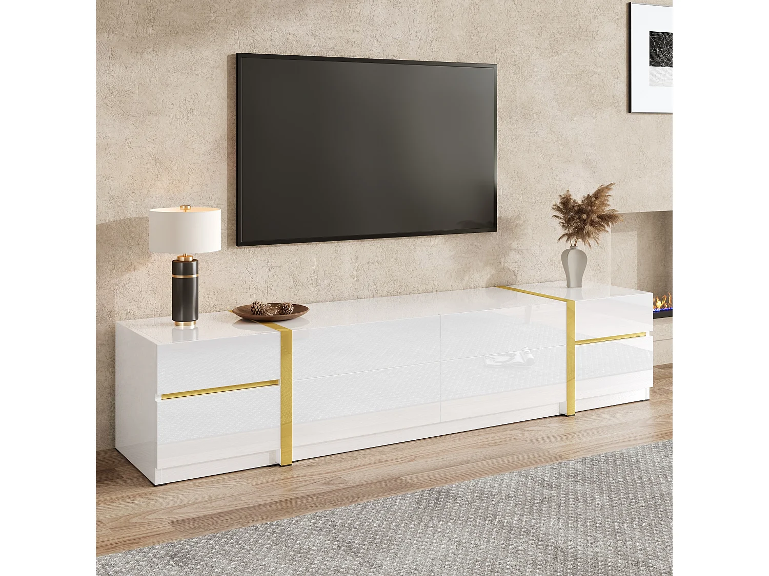 TV-Ständer 180 x 40 x 38 cm, Hochglanz, mit 4 Schubladen, 2 Türen und goldenen Details, aus MDF, weiß