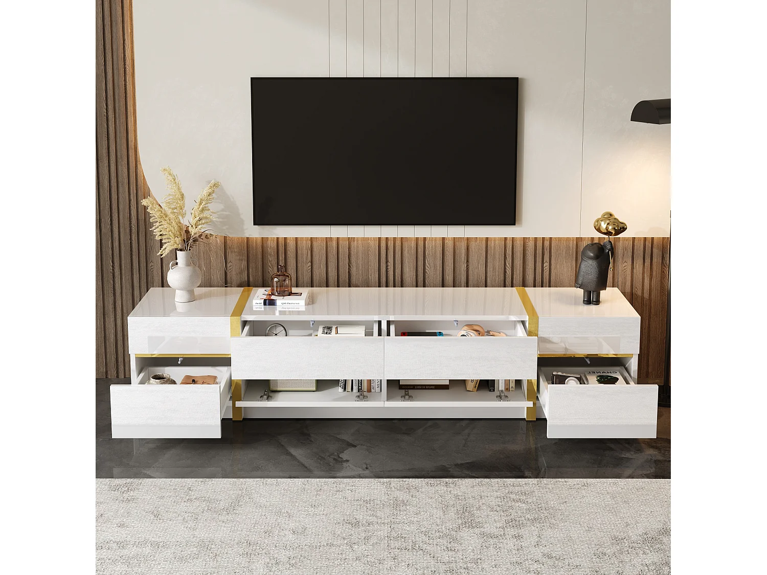 TV-Ständer 180 x 40 x 38 cm, Hochglanz, mit 4 Schubladen, 2 Türen und goldenen Details, aus MDF, weiß