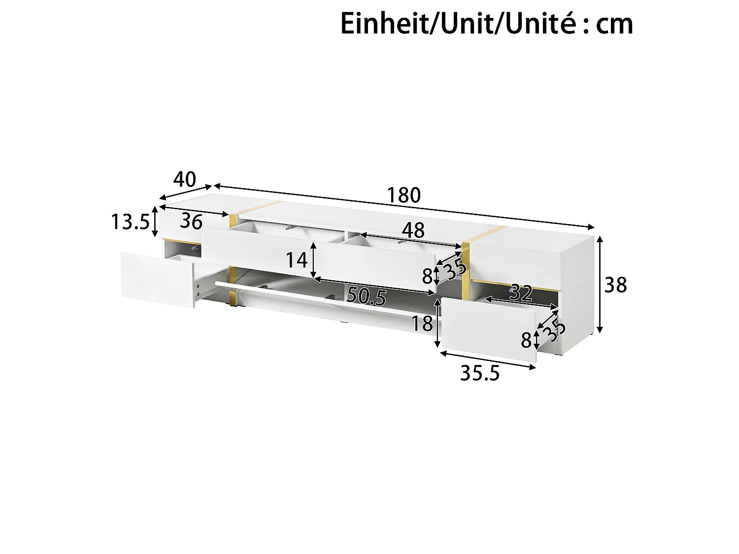 TV-Ständer 180 x 40 x 38 cm, Hochglanz, mit 4 Schubladen, 2 Türen und goldenen Details, aus MDF, weiß