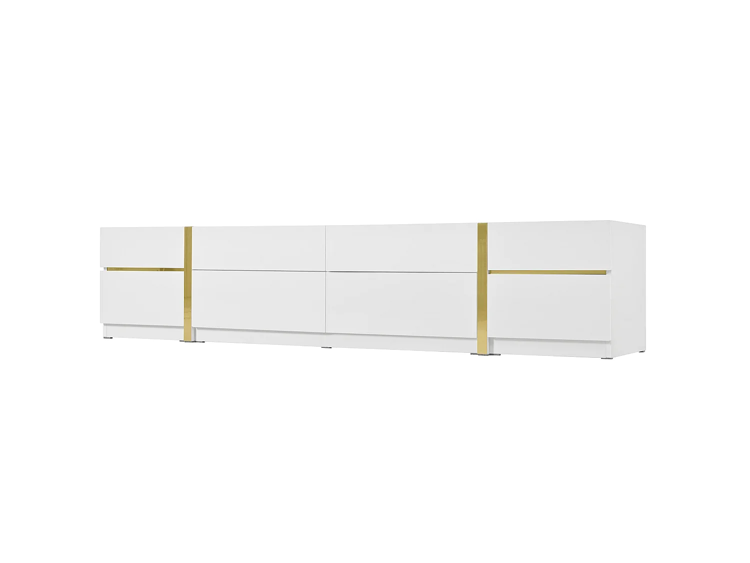 TV-Ständer 180 x 40 x 38 cm, Hochglanz, mit 4 Schubladen, 2 Türen und goldenen Details, aus MDF, weiß
