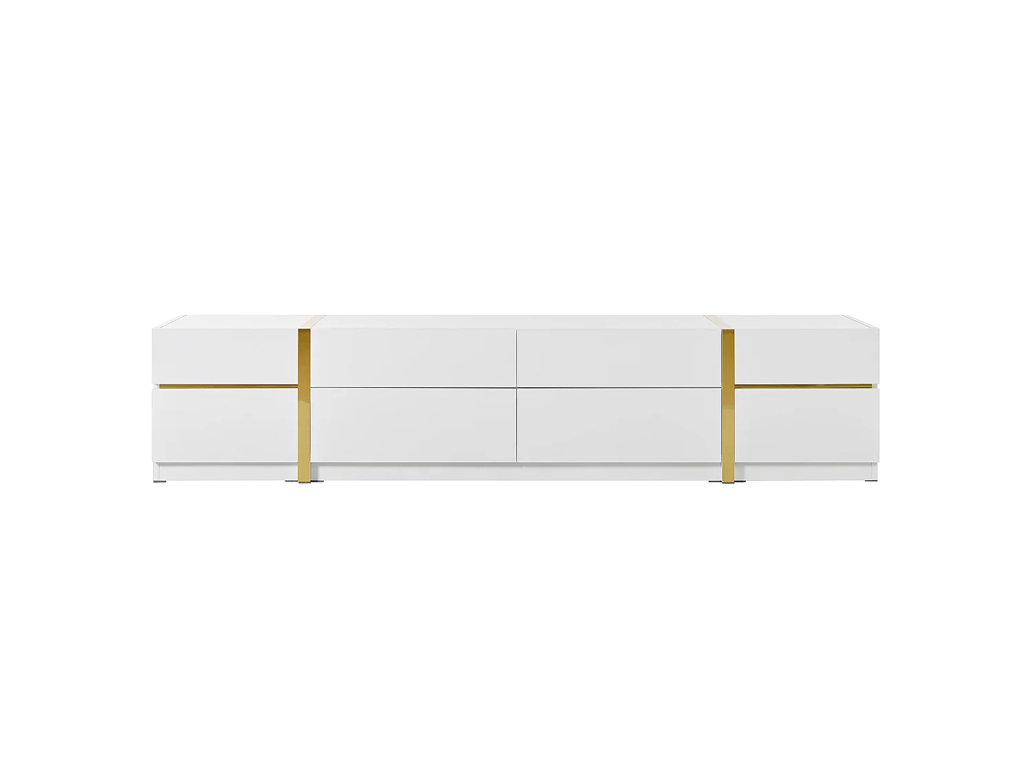 TV-Ständer 180 x 40 x 38 cm, Hochglanz, mit 4 Schubladen, 2 Türen und goldenen Details, aus MDF, weiß