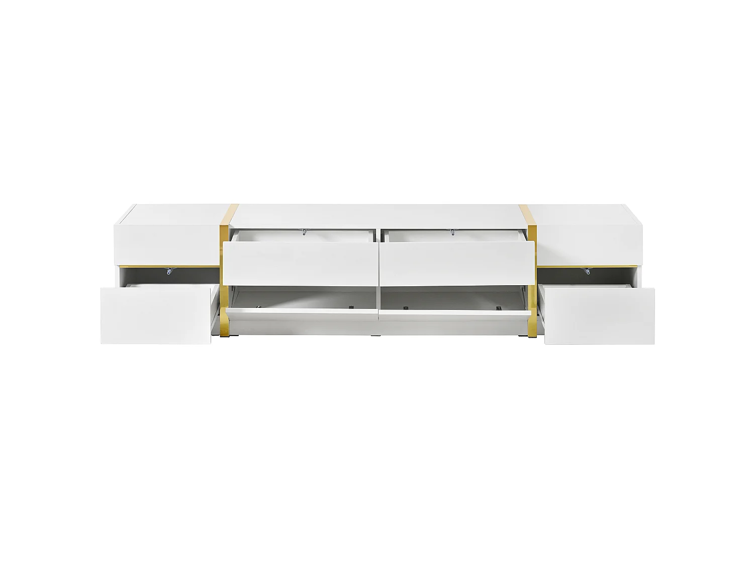 TV-Ständer 180 x 40 x 38 cm, Hochglanz, mit 4 Schubladen, 2 Türen und goldenen Details, aus MDF, weiß