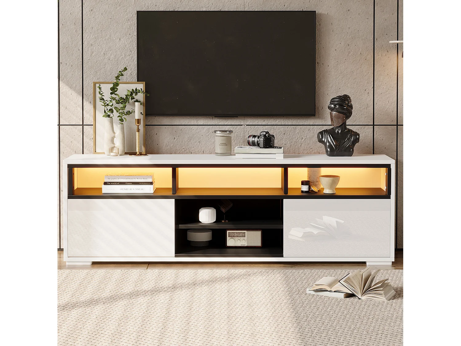 TV-Ständer 150 x 35 x 50 cm mit LED-Beleuchtung, 2 Türen, offenem Stauraum und Hochglanzoberfläche, weiß