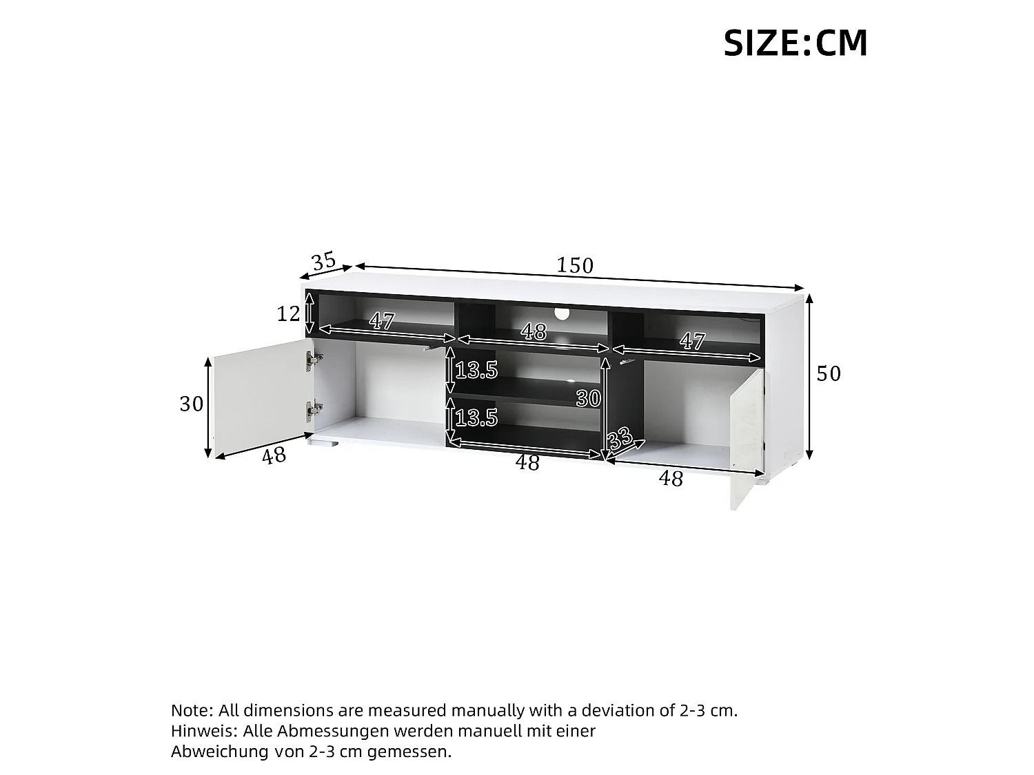 TV-Ständer 150 x 35 x 50 cm mit LED-Beleuchtung, 2 Türen, offenem Stauraum und Hochglanzoberfläche, weiß