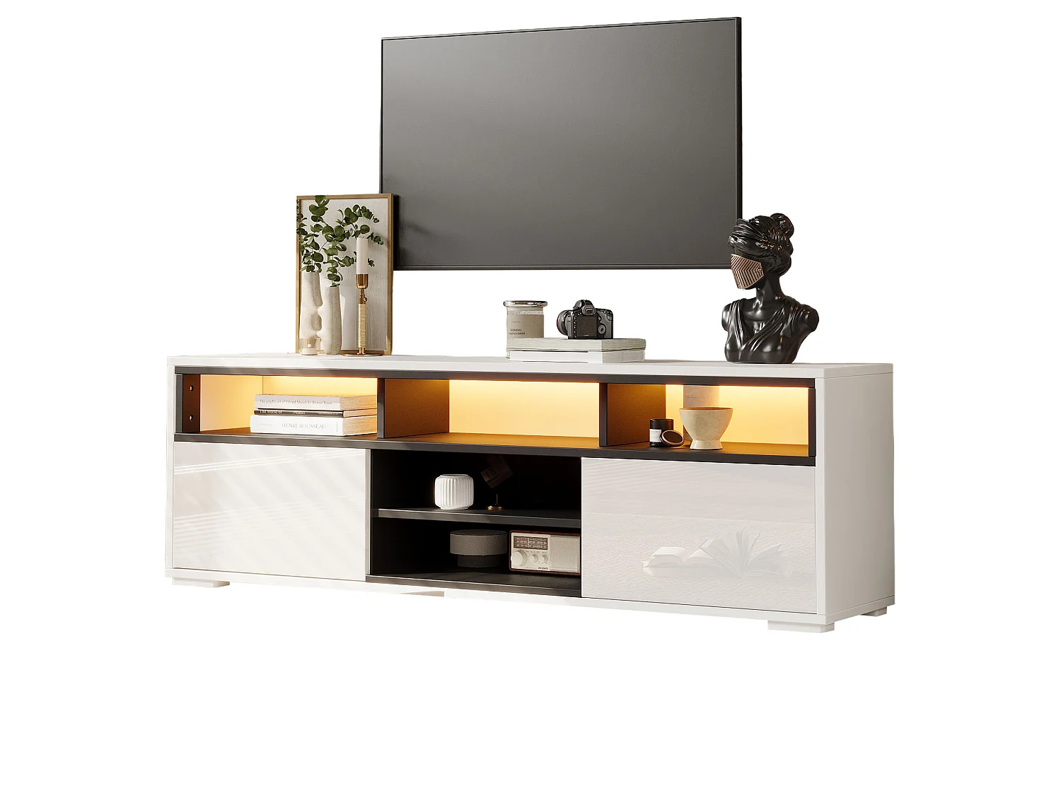 TV-Ständer 150 x 35 x 50 cm mit LED-Beleuchtung, 2 Türen, offenem Stauraum und Hochglanzoberfläche, weiß