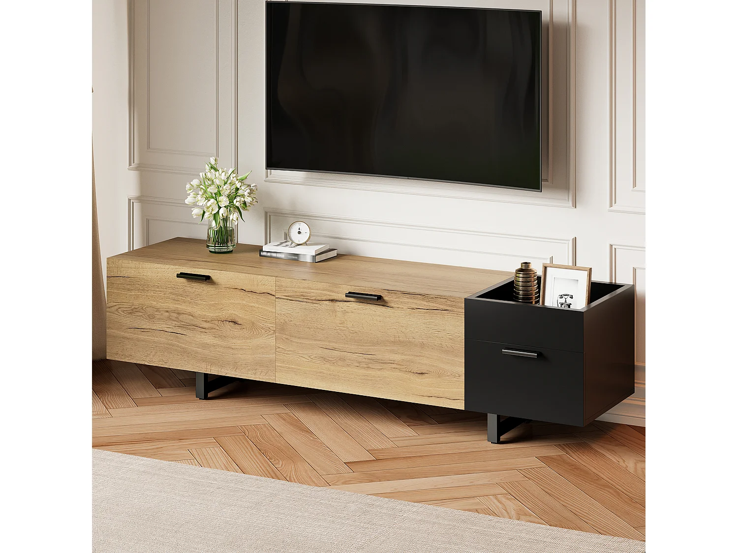 TV-Ständer 180 x 38 x 49 cm mit LED-Beleuchtung, offenen Fächern, 4 Schubladen und Metallbeinen, schwarz und natur