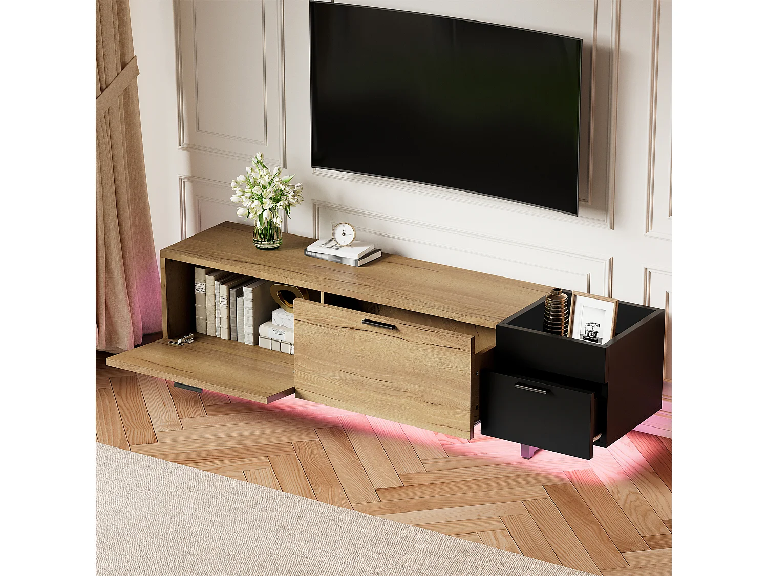 TV-Ständer 180 x 38 x 49 cm mit LED-Beleuchtung, offenen Fächern, 4 Schubladen und Metallbeinen, schwarz und natur