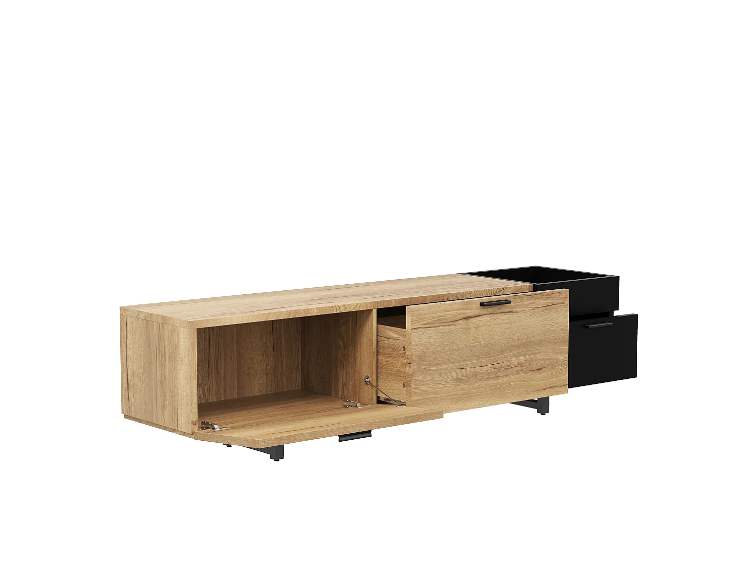 TV-Ständer 180 x 38 x 49 cm mit LED-Beleuchtung, offenen Fächern, 4 Schubladen und Metallbeinen, schwarz und natur