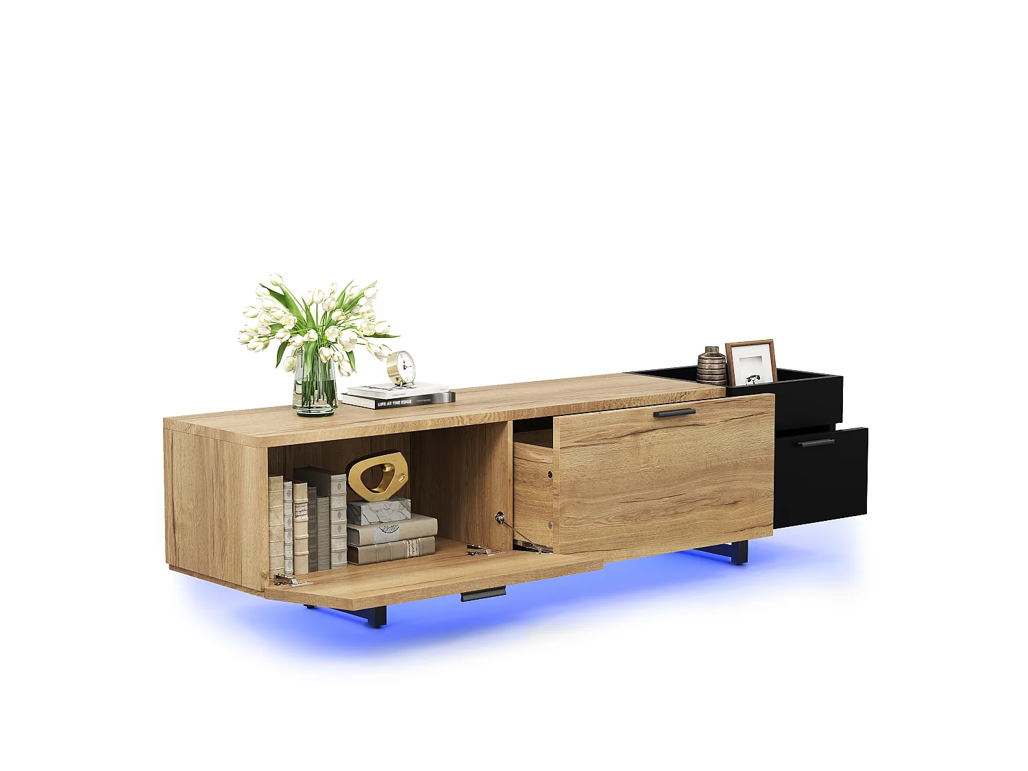 TV-Ständer 180 x 38 x 49 cm mit LED-Beleuchtung, offenen Fächern, 4 Schubladen und Metallbeinen, schwarz und natur