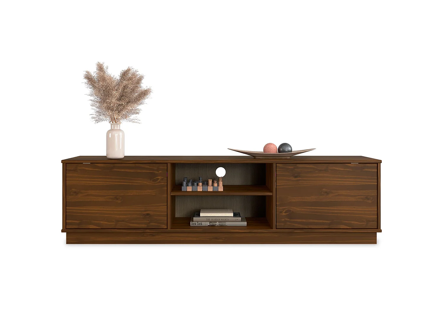 Meuble TV MAITE L 170 cm en Bois Massif Coloris Noyer avec 2 Portes et 2 Niches pour Télé jusqu’à 75", Portes Push-to-Open