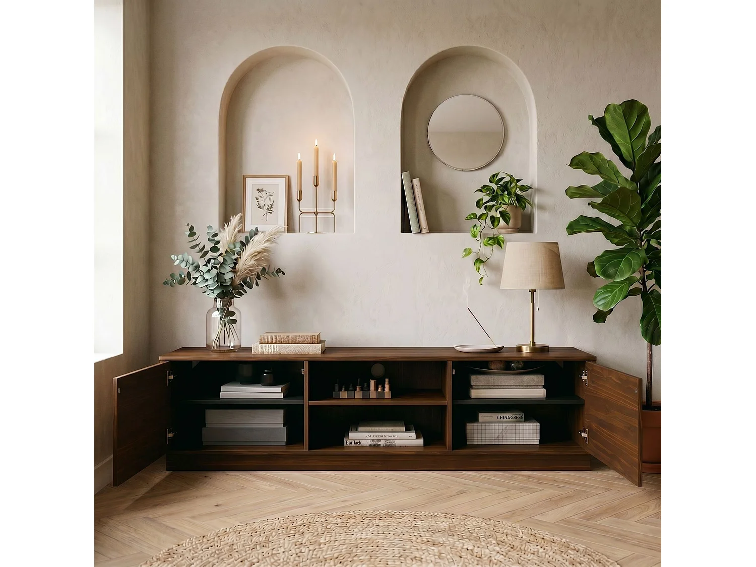 Meuble TV MAITE L 170 cm en Bois Massif Coloris Noyer avec 2 Portes et 2 Niches pour Télé jusqu’à 75", Portes Push-to-Open
