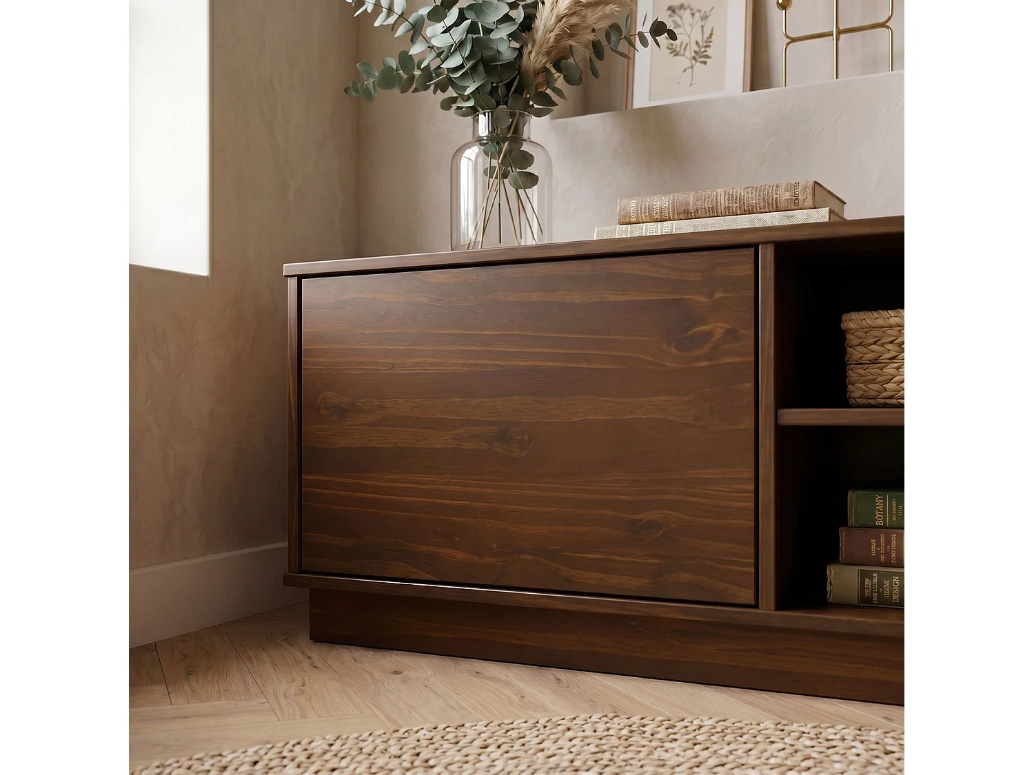 Meuble TV MAITE L 170 cm en Bois Massif Coloris Noyer avec 2 Portes et 2 Niches pour Télé jusqu’à 75", Portes Push-to-Open