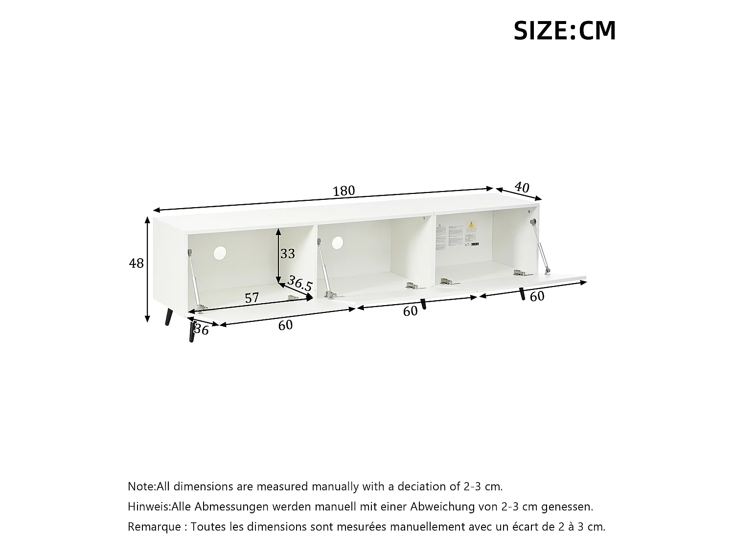TV-Ständer 180 x 40 x 48 cm mit 3 Klapptüren, 6 Beinen, aus MDF, weiß