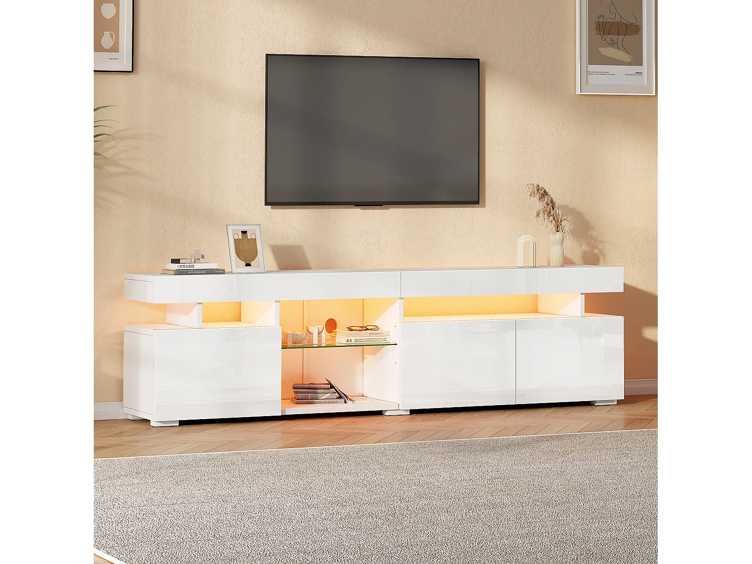 TV-Ständer 180 x 35 x 45 cm mit LED-Beleuchtung, 3 Türen und einem verstellbaren Einlegeboden aus Sicherheitsglas, weiß