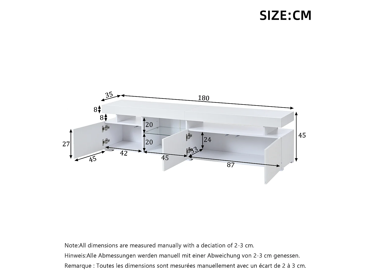 TV-Ständer 180 x 35 x 45 cm mit LED-Beleuchtung, 3 Türen und einem verstellbaren Einlegeboden aus Sicherheitsglas, weiß