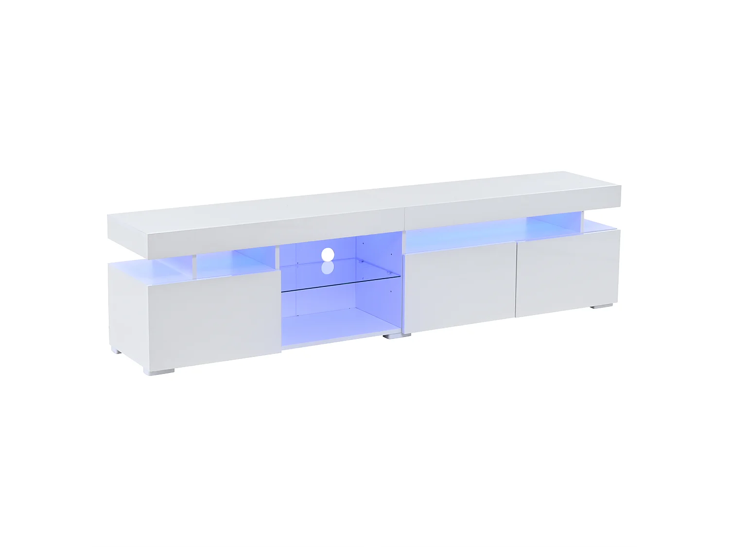 TV-Ständer 180 x 35 x 45 cm mit LED-Beleuchtung, 3 Türen und einem verstellbaren Einlegeboden aus Sicherheitsglas, weiß