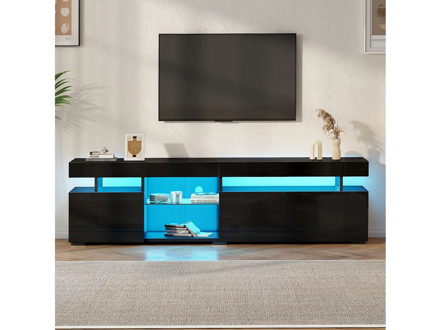 TV-Ständer 180 x 35 x 45 cm mit LED-Beleuchtung, 3 Türen und einem verstellbaren Einlegeboden aus Sicherheitsglas, Schwarz