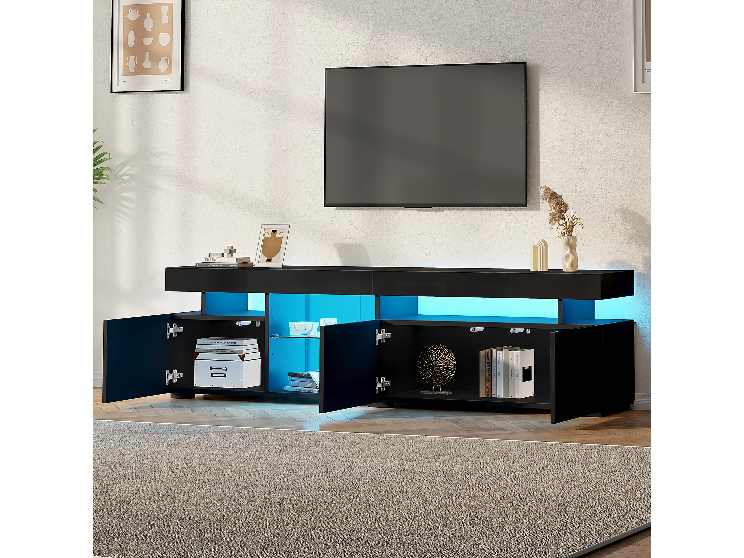 TV-Ständer 180 x 35 x 45 cm mit LED-Beleuchtung, 3 Türen und einem verstellbaren Einlegeboden aus Sicherheitsglas, Schwarz