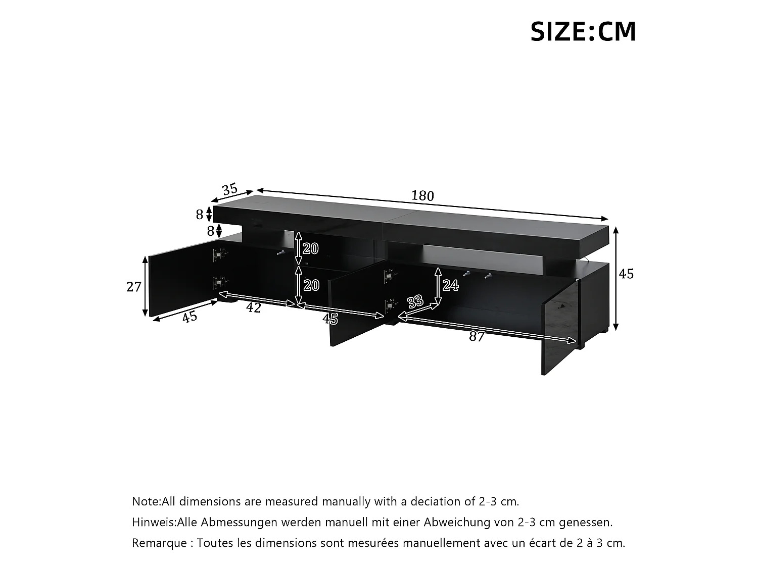 TV-Ständer 180 x 35 x 45 cm mit LED-Beleuchtung, 3 Türen und einem verstellbaren Einlegeboden aus Sicherheitsglas, Schwarz