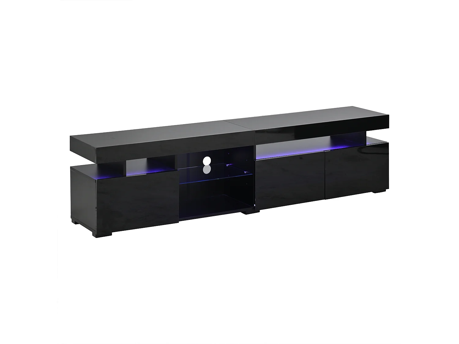 TV-Ständer 180 x 35 x 45 cm mit LED-Beleuchtung, 3 Türen und einem verstellbaren Einlegeboden aus Sicherheitsglas, Schwarz