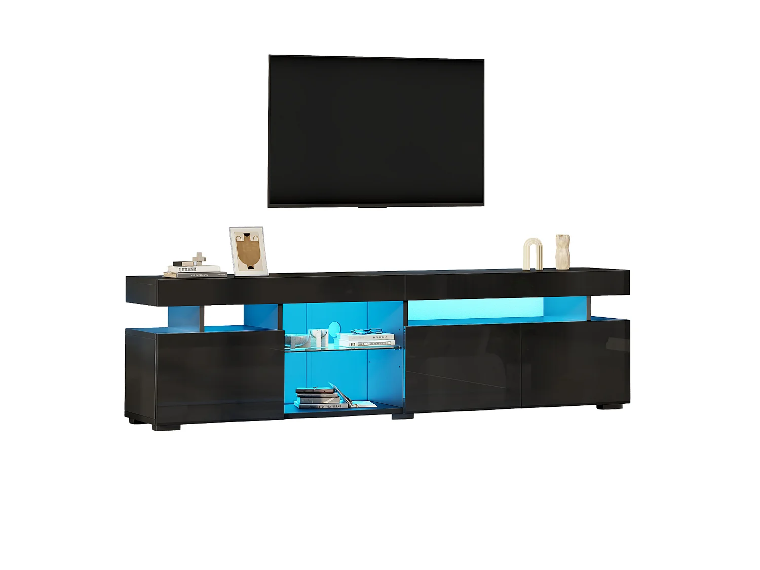 TV-Ständer 180 x 35 x 45 cm mit LED-Beleuchtung, 3 Türen und einem verstellbaren Einlegeboden aus Sicherheitsglas, Schwarz