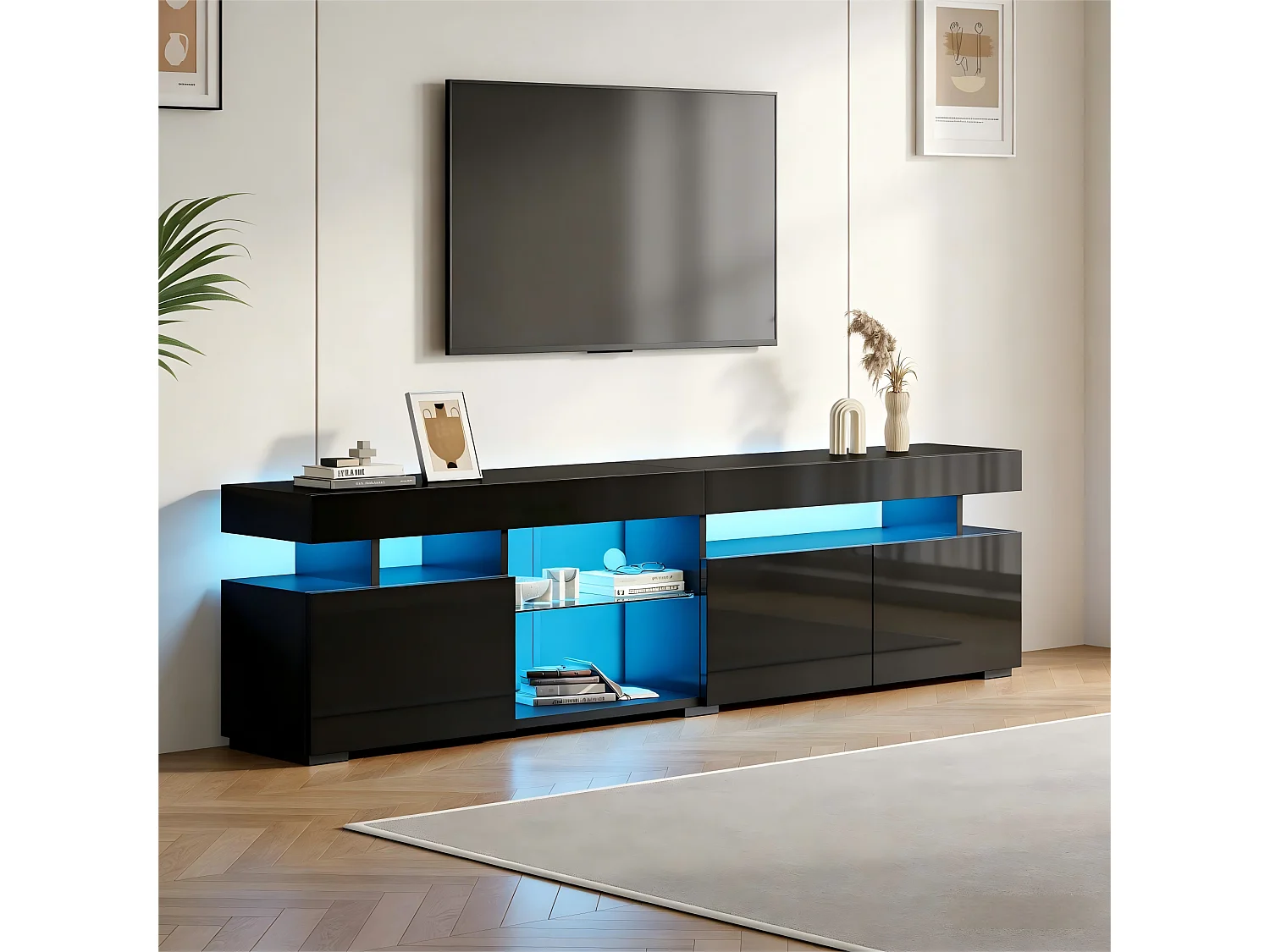 TV-Ständer 180 x 35 x 45 cm mit LED-Beleuchtung, 3 Türen und einem verstellbaren Einlegeboden aus Sicherheitsglas, Schwarz