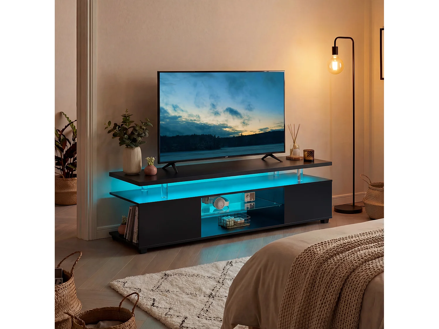TV-Ständer schwarz 130 x 40 x 48 cm mit LED-Beleuchtung, 3 versteckten Staufächern und 1 offenem Fach