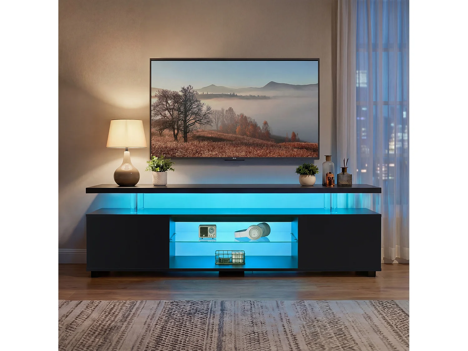 TV-Ständer schwarz 130 x 40 x 48 cm mit LED-Beleuchtung, 3 versteckten Staufächern und 1 offenem Fach