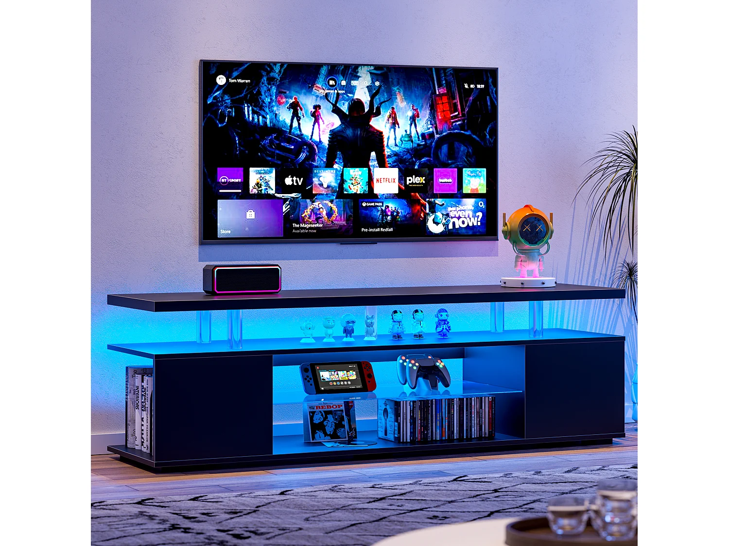 TV-Ständer schwarz 130 x 40 x 48 cm mit LED-Beleuchtung, 3 versteckten Staufächern und 1 offenem Fach