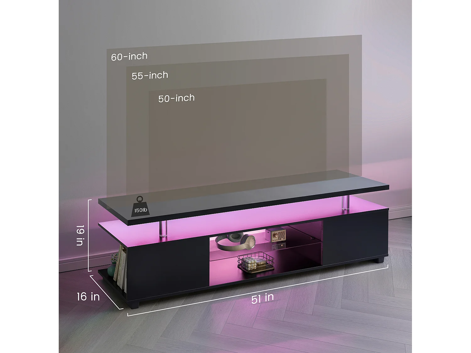 TV-Ständer schwarz 130 x 40 x 48 cm mit LED-Beleuchtung, 3 versteckten Staufächern und 1 offenem Fach