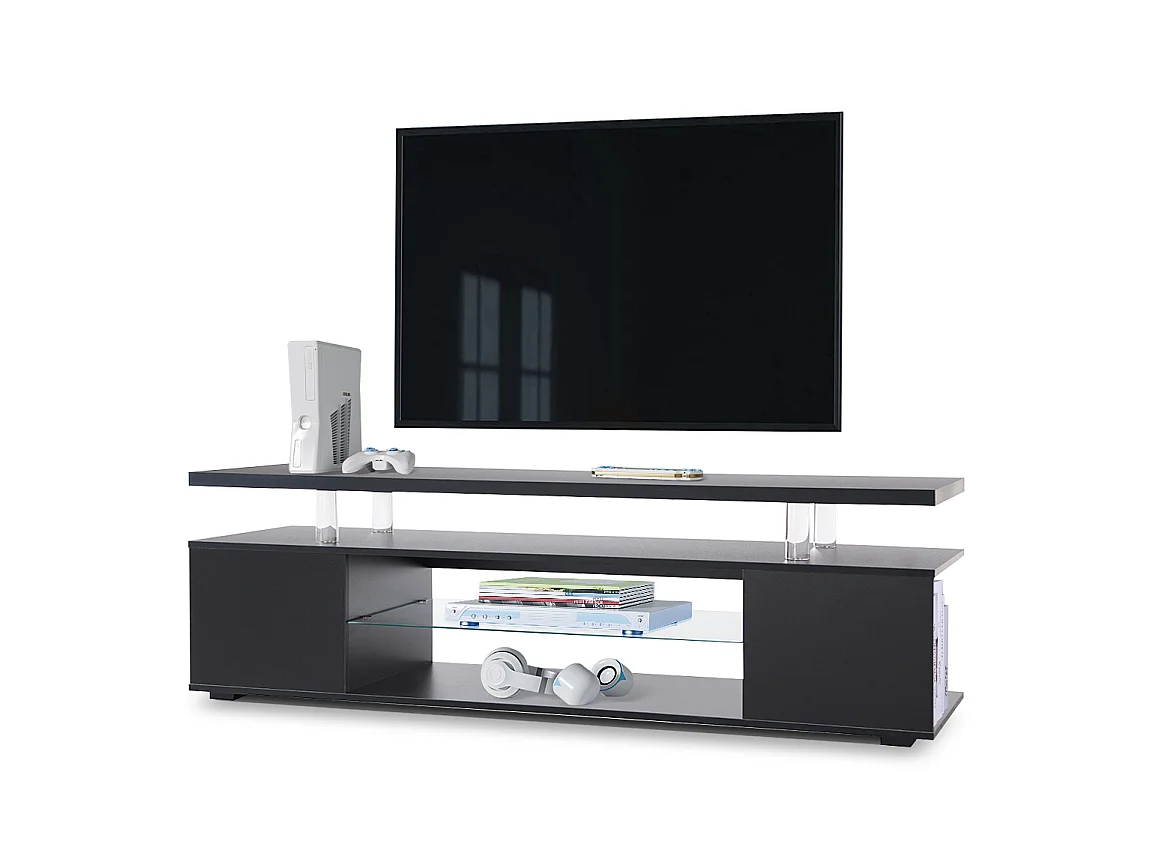 TV-Ständer schwarz 130 x 40 x 48 cm mit LED-Beleuchtung, 3 versteckten Staufächern und 1 offenem Fach