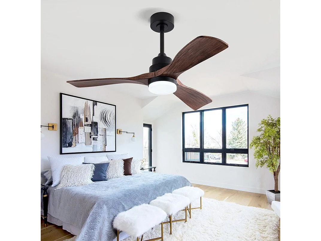 Ventilateur de plafond silencieux 107 cm avec lumière LED, télécommande, moteur DC réversible, 6 vitesses, marron