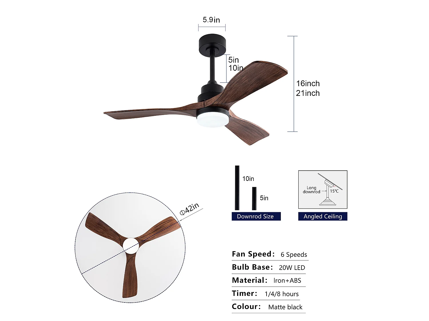 Ventilateur de plafond silencieux 107 cm avec lumière LED, télécommande, moteur DC réversible, 6 vitesses, marron