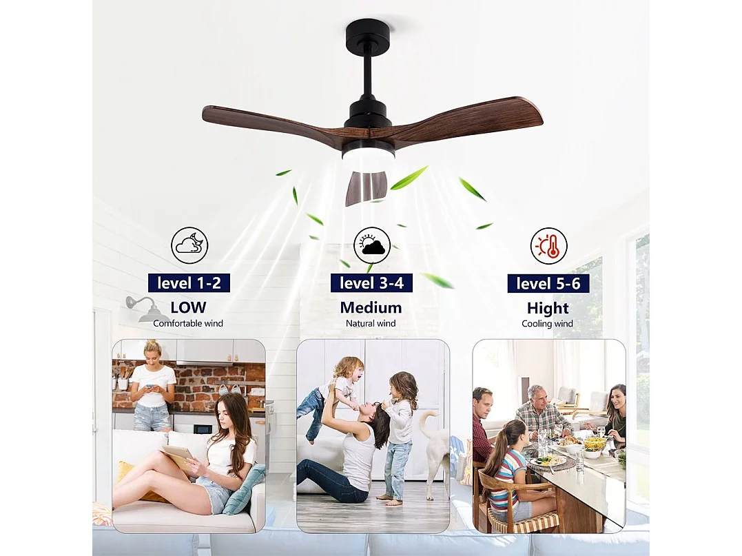 Ventilateur de plafond silencieux 107 cm avec lumière LED, télécommande, moteur DC réversible, 6 vitesses, marron